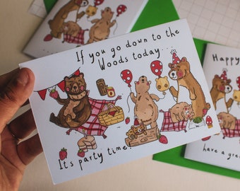Teddy Bear's Picnic card for child / Cute whimsical forest design for kids, Personalised party supplies for nature lover, Explorer keepsake