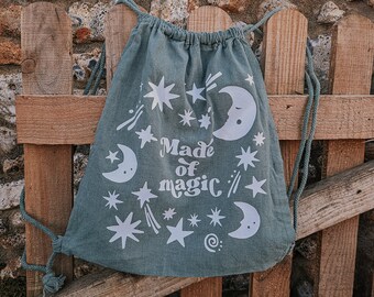 Star cotton rucksack / Forest school space explorer backpack, Camping and wildnerness adventure,  Nature gift for child, Moon art