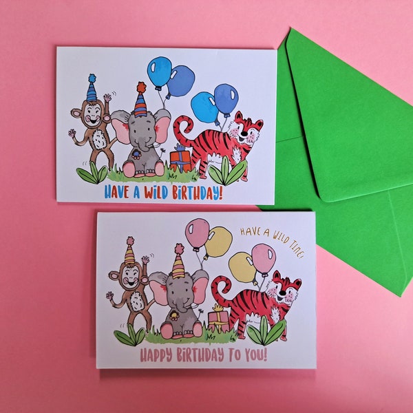 Jungle Birthday card child / Cute animal card for toddler, pastel or bold safari animals in party hats, cute whimsical creature illustration