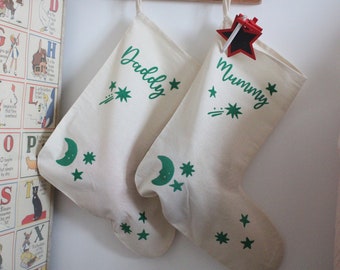 Celestial velvet stockings/ Personalised festive natural cotton sacks, Medium named Christmas keepsack, Star and moon for her, Resuable Xmas