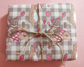 Teddy bear wrapping paper / Cute picnic gift wrap in brown gingham, red teddy art, whimsical first birthday party, unisex toddler gift