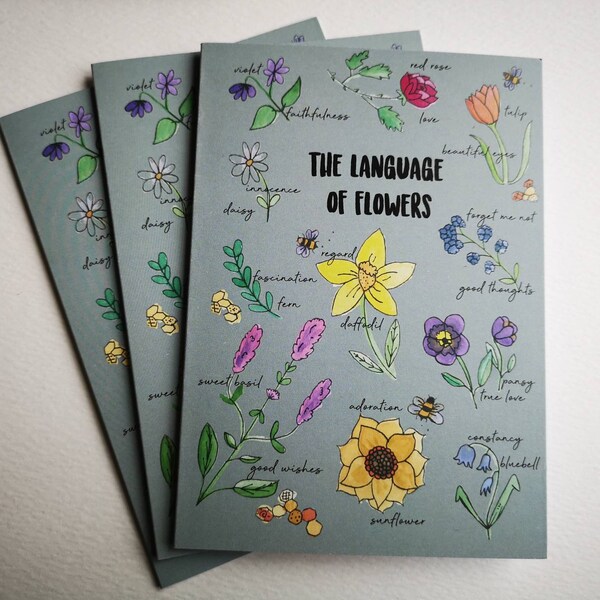 Flower meaning card / Language of flowers art for Gardener, pretty Florist card with flower etymology, mother's day card for Nanny, Mum