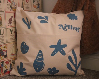Ocean cushion with pockets for child/ Cute sea kid's reading nook pillow, Floor cushion gift for toddler, Nursery, Beach bedroom décor
