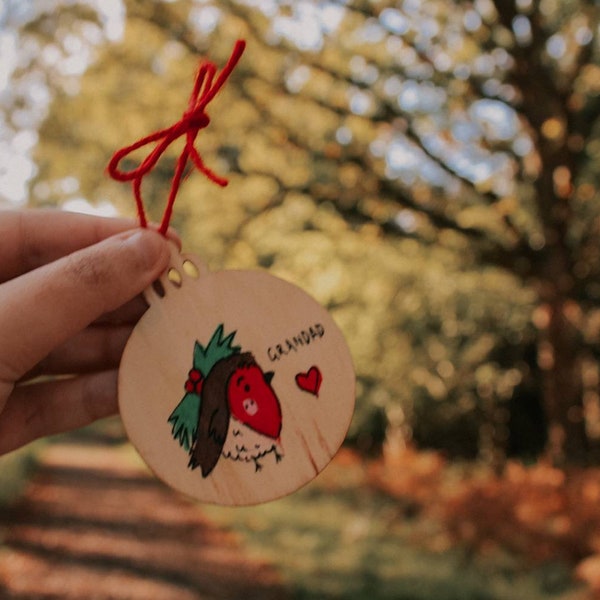 Personalised Robin ornament/ Custom Christmas decoration, Flat handpainted wooden disc, Memorial, In memory of keepsake bauble