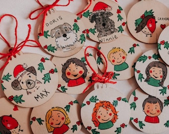 Personalised Portrait Ornament, Custom Christmas Decoration, Flat Hand Painted Wooden Disc, Kids Festive Keepsake Bauble
