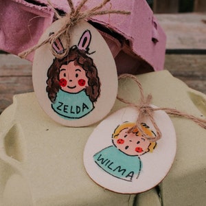 Easter portrait child's ornament/ Custom spring tree decoration, Flat hand painted wooden egg, Cute kids keepsake bauble
