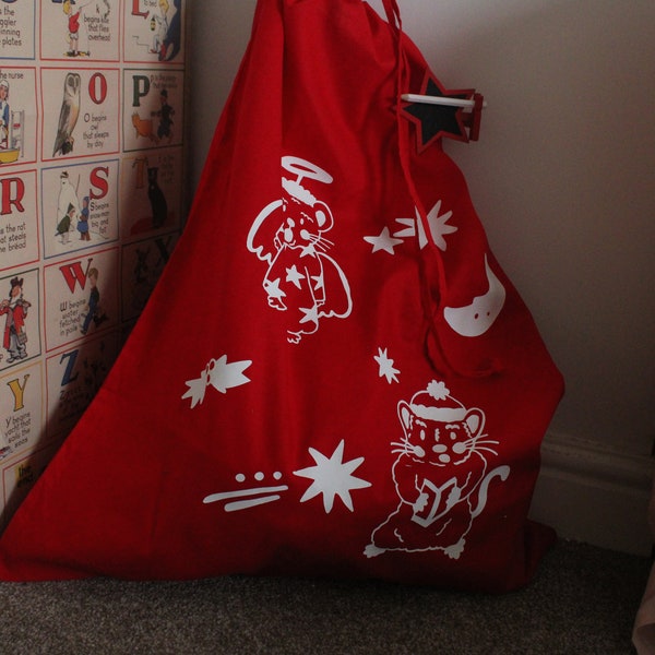 Retro mouse sack/ Festive bag design with mice, Unisex velvet design, Shooting star velvet, Reusable decor, Matching family Xmas for couple