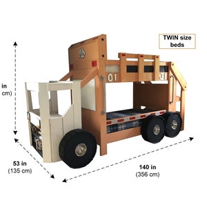 May include: A wooden bunk bed shaped like a brown and white garbage truck. The bed is 84 inches tall, 53 inches wide, and 140 inches long. The bed is labeled "TWIN size beds".
