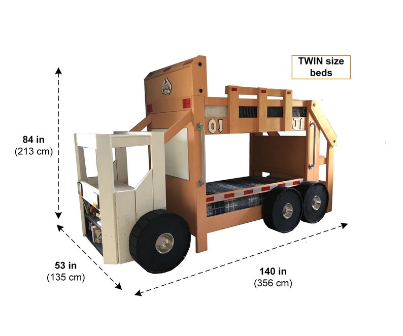 May include: A wooden bunk bed shaped like a brown and white garbage truck. The bed is 84 inches tall, 53 inches wide, and 140 inches long. The bed is labeled "TWIN size beds".
