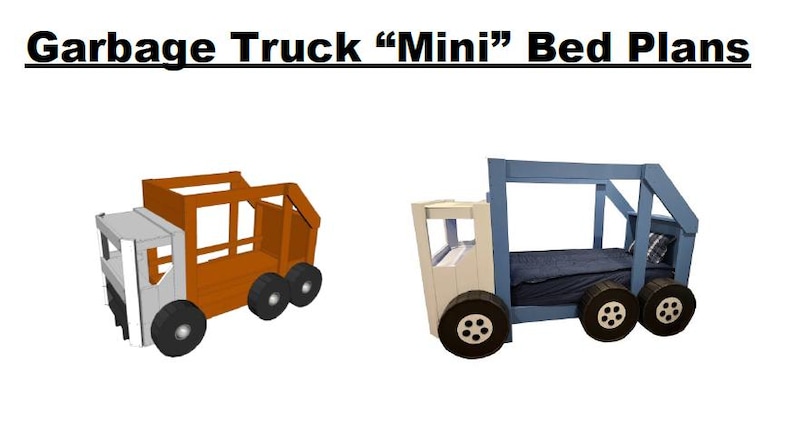 Puede incluir: Dos camas de cami&oacute;n de basura de madera, una naranja y otra azul, con detalles blancos. Las camas est&aacute;n dise&ntilde;adas para ni&ntilde;os y tienen un marco de cama elevado con un colch&oacute;n.