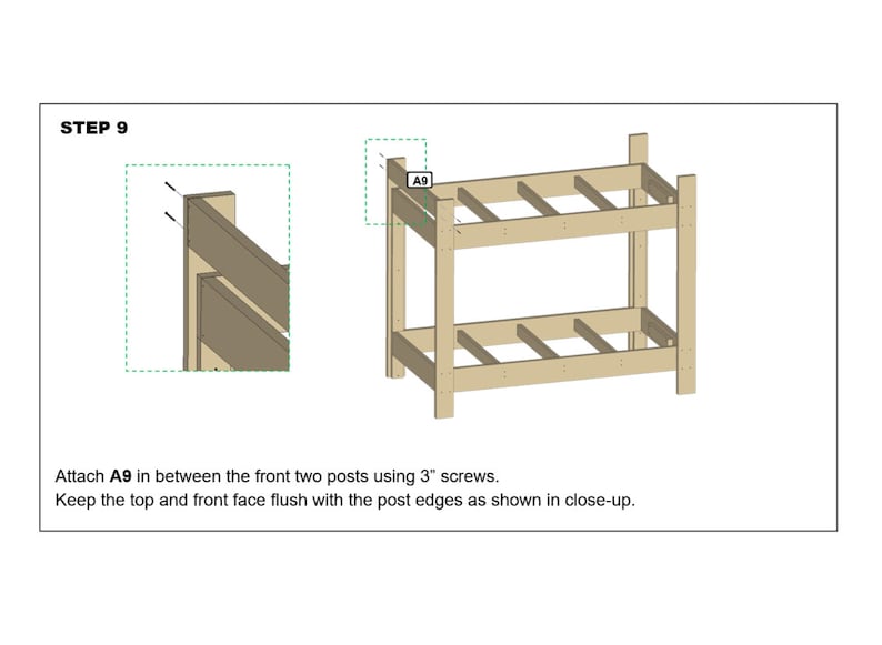 May include: Step 9 of a woodworking project showing how to attach a wooden piece labeled "A9" between two vertical posts using 3 inch screws. The top and front face of the piece should be flush with the post edges.