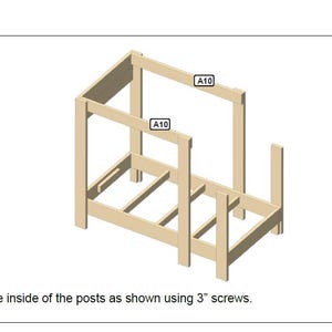 Puede incluir: Paso 8 de una gu&iacute;a de montaje de muebles. Un marco de cama de madera est&aacute; parcialmente ensamblado. Dos piezas etiquetadas como "A10" se fijan al interior de los postes con tornillos de 7,6 cm.