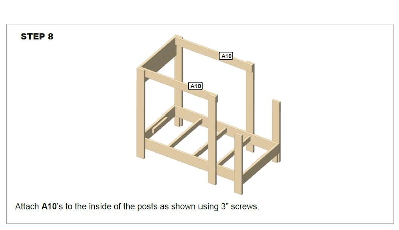 Puede incluir: Paso 8 de una gu&iacute;a de montaje de muebles. Un marco de cama de madera est&aacute; parcialmente ensamblado. Dos piezas etiquetadas como "A10" se fijan al interior de los postes con tornillos de 7,6 cm.
