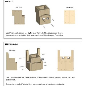 May include: Diagram showing how to assemble a wooden structure using screws and glue. The diagram shows the steps for attaching wooden blocks labeled Ey4, Ey5, and Ey6. The diagram includes side and front views of the structure.