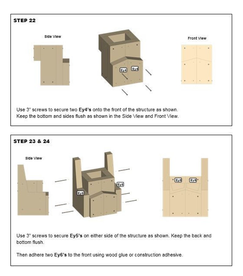 May include: Diagram showing how to assemble a wooden structure using screws and glue. The diagram shows the steps for attaching wooden blocks labeled Ey4, Ey5, and Ey6. The diagram includes side and front views of the structure.
