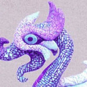 May include: Close-up of a purple and blue dragon head with a white eye. The dragon's head is made of a mosaic of small, colorful tiles.