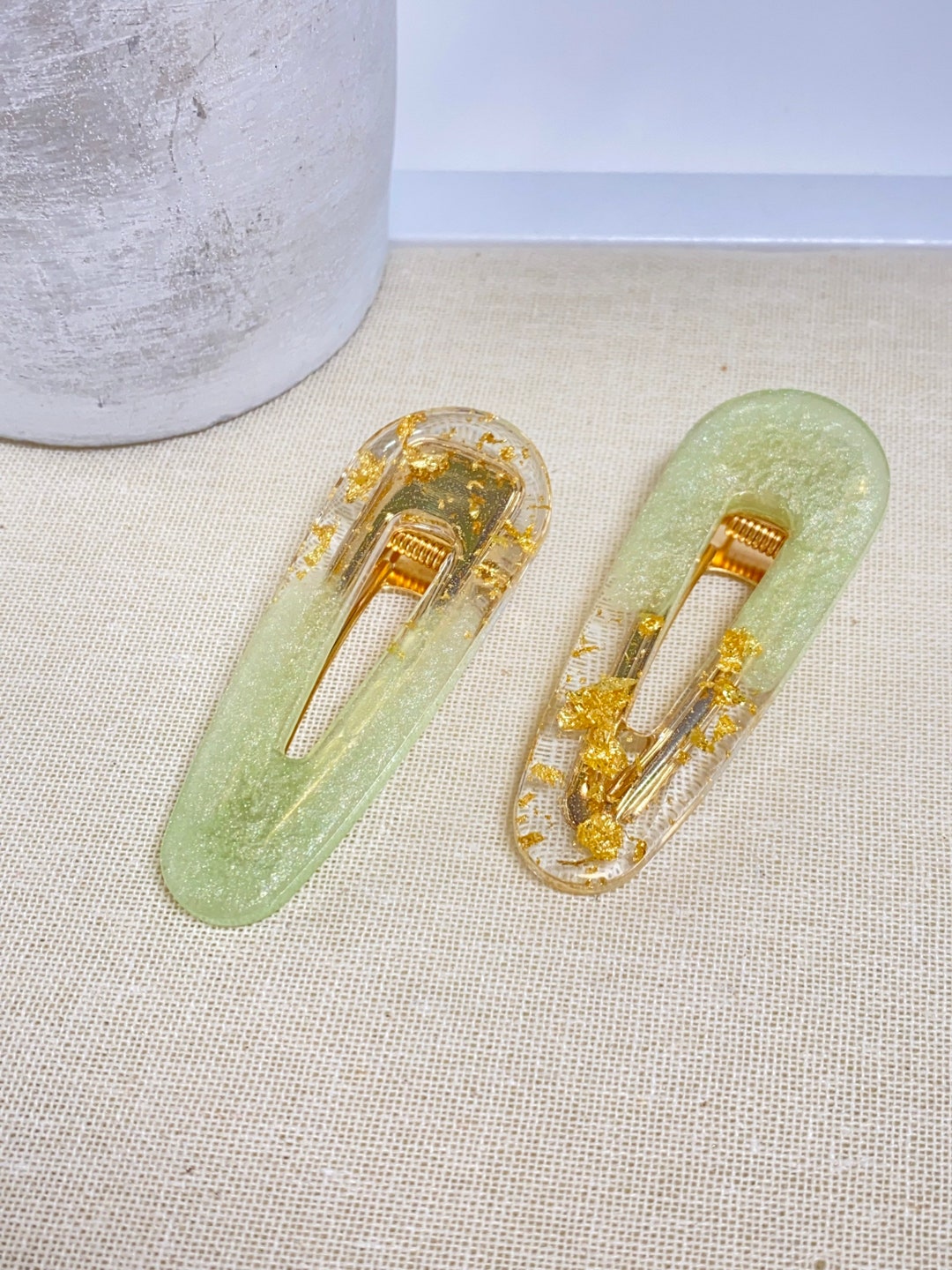 Green Hair Clips With Gold Flakes Green Barrettes Green Hair Etsy