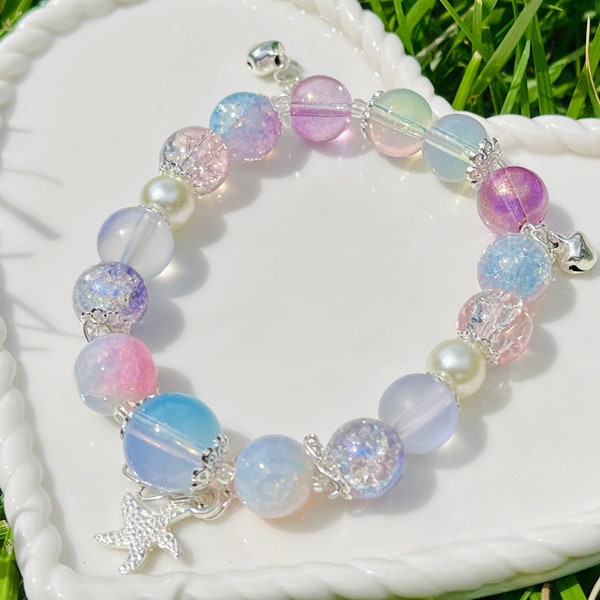 Mermaid's Dream - Purple and Pink Colored Glaze Chinese Crystal Beaded Bracelet, Charms Bracelet