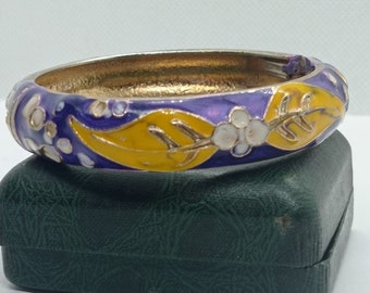 Vintage enamel clamper bracelet, Enamel mauve yellow bangle 80s for woman