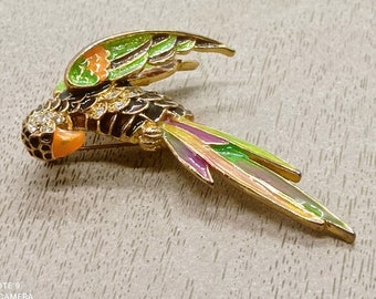 Vintage 90s exotic enamelled rhinestone parrot brooch, women's costume gift