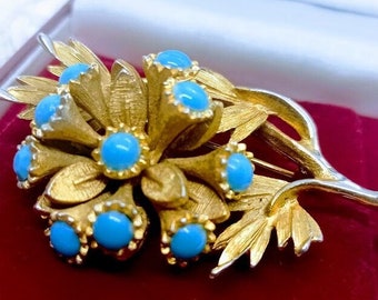 Pretty 70s vintage brooch flower brooch with turquoise rhinestones, vintage  70s matte gold brooch, vintage costume jewelry for women
