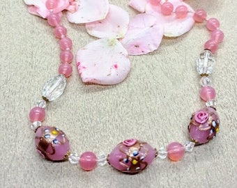 Wedding cake collier en perles de verre de Murano tendre rose, collier vintage 60s en perles venitiennes or rose, collier de mariage femme
