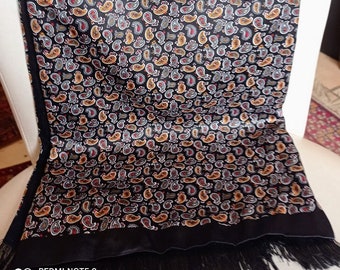 long vintage silk scarf, scarf lined in black cashmere silk gray orange red background, Paisley decorative silk, man, woman