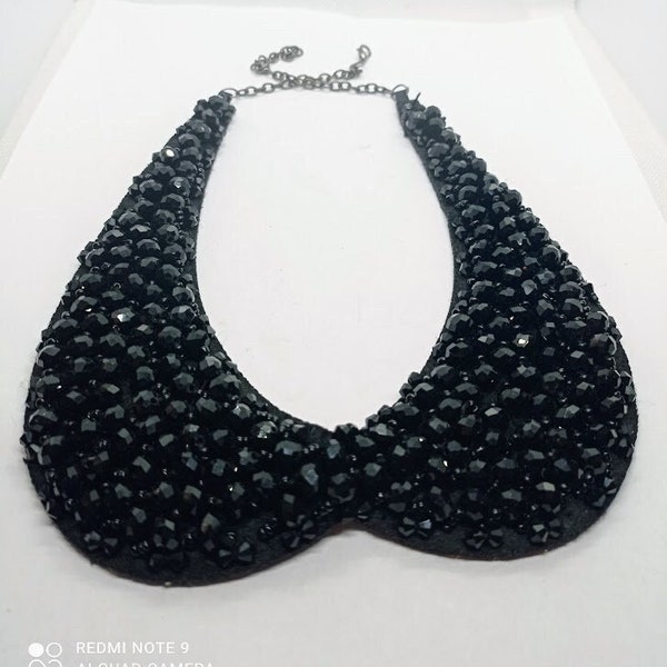 Superbe collier faux col vintage 60s en jais français noir facetté, collier col vintage 60s en perles french jet travail manuel fête femme