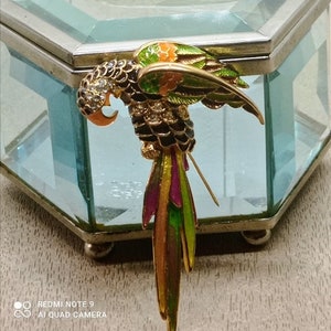 Vintage 90s exotic enamelled rhinestone parrot brooch, women's costume gift