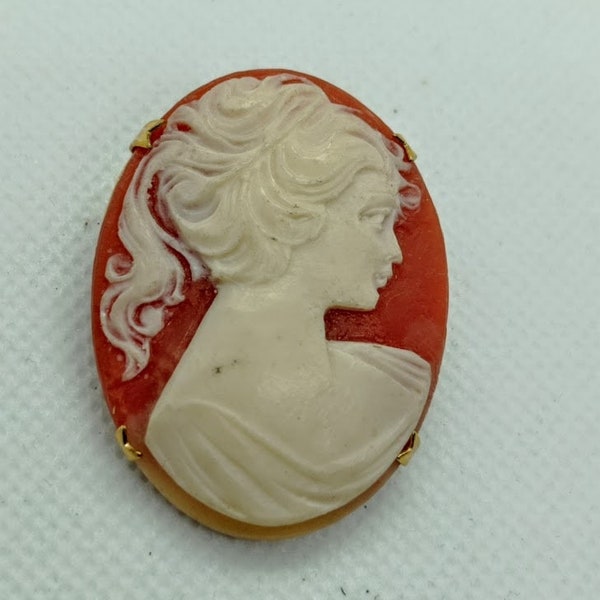 Cameo-Brosche aus den 1970er Jahren, Porträt eines Mädchens mit Pferdeschwanz. Vintage-Cameo-Brosche, klassisches Broschengeschenk für Frauen