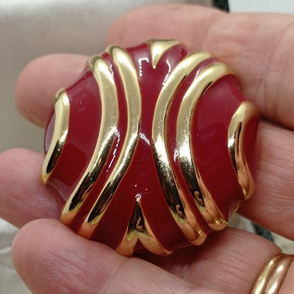 ORENA Paris Large Gold/ Bright Red Enamel Vintage 80s Doves~Enamel Brooch~Authentic Collectible Designer Vintage Couture Jewelry