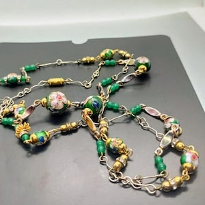 Vintage cloisonné enamel green pink red floral beads handwork 96 cm golden supply, women's costume