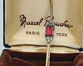 1940s/1950s Art Deco shuttle-shaped brooch in hallmarked silver and vermeil with pink spinel rhinestone, gift for women