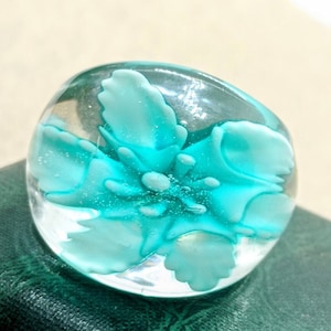 Vintage 90s Murano glass ring, transparent color glass ring with large 3D turquoise color flower, women&#39;s design