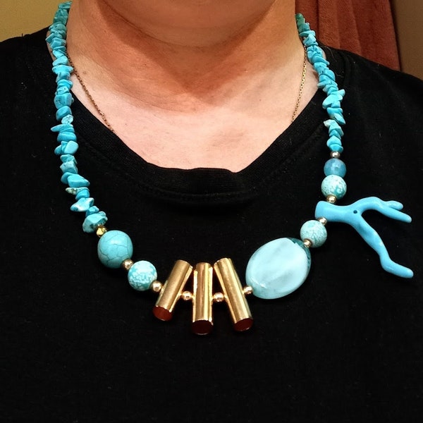 vintage designer necklace, designer necklace in turquoise howlite beads, gold details, turquoise colored plastic, women's summer necklace