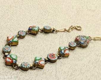 bracelet ancien italien en technique mirco mosaique, bracelet 60s chaine en maillons fait manuel mirco mosaique, bel bracelet femme costume