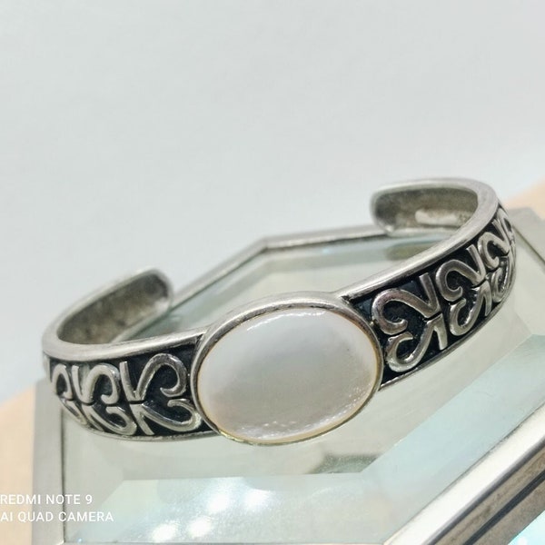 bracelet manchette vintage en argent sterling avec grande cabochon en nacre naturel,bracelet argent 925 sertie nacre femme costume