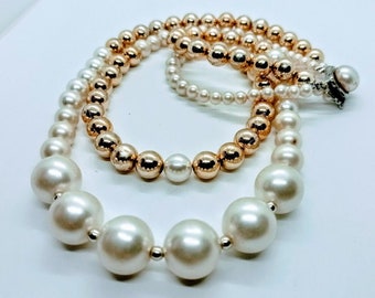 collier Retro, collier en perles nacré et doré, collier en deux ranges,collier avec fermoir de noble collier  fantaisie estival pour femme