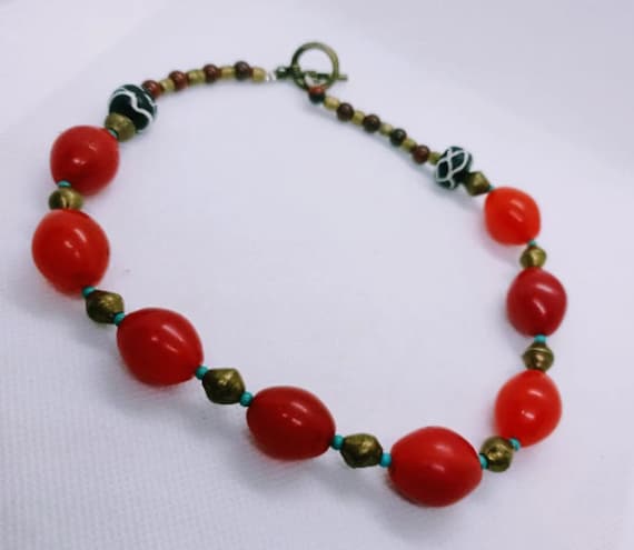 Collier Vintage Années 70 En Bauxite Et Pâte De Verre - Style Ethnique, Parfait état