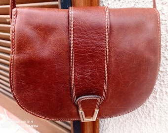 Minelli sac à bandoulère en cuir vachette marron vintage 90s