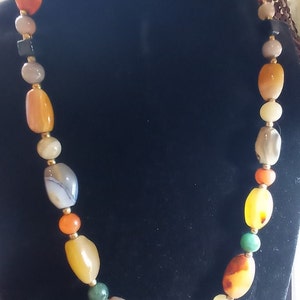 multi-color natural agate bead necklace, gem bead necklace, vintage 80s bright color necklace, women's BOHO style image 2