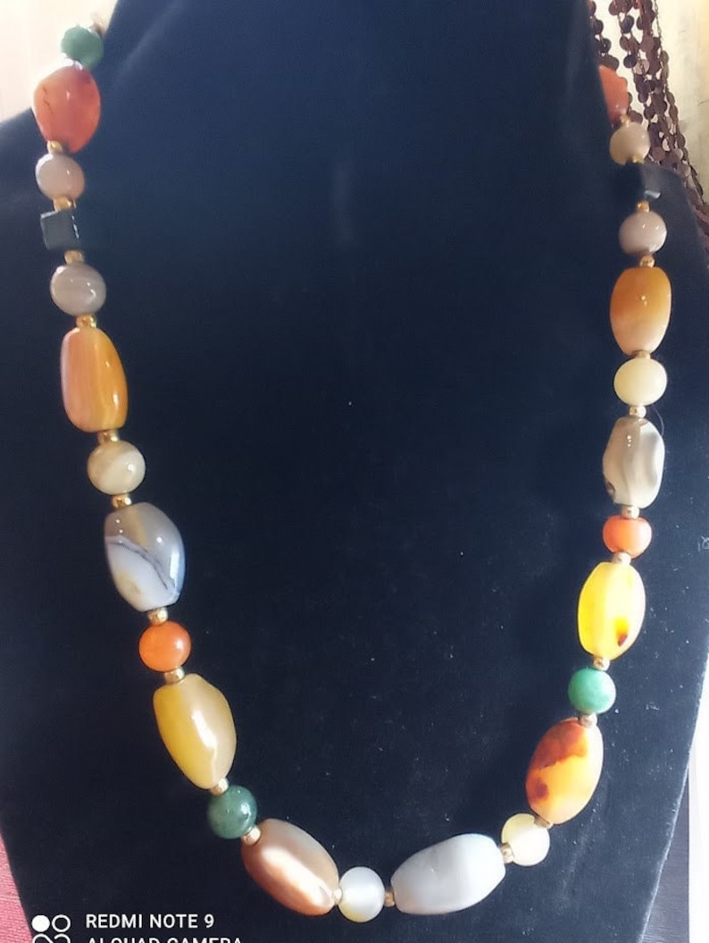 multi-color natural agate bead necklace, gem bead necklace, vintage 80s bright color necklace, women's BOHO style image 2