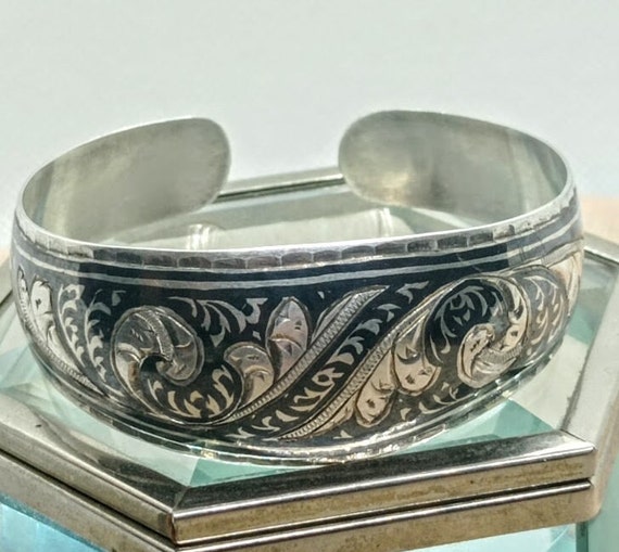 Bracelet Gourmette Ancien En Argent Massif 925 – Jonc Art Déco Fleurs