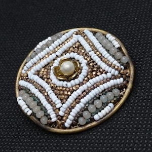 Old brooch embroidered with small pearls white, gray, bronze, vintage brooch 40s original technique brooch embroidered vintage 40s woman
