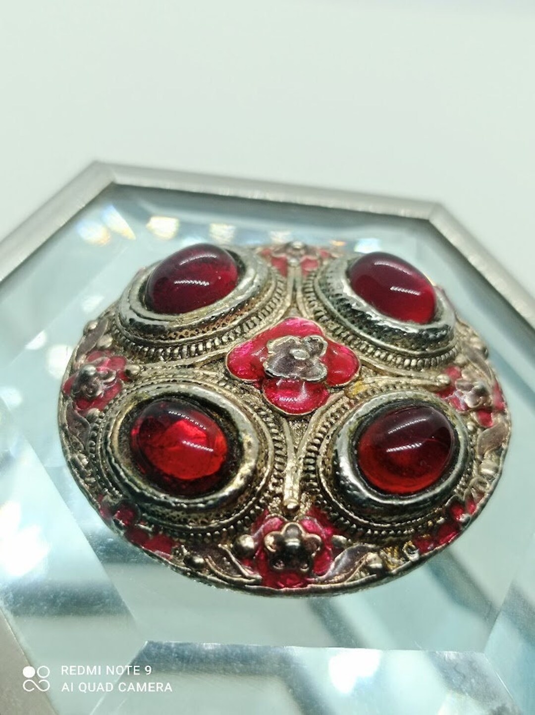 Vintage Chanel Red Gripoix Style Brooch, Round Golden Vintage Chanel Red Gripoix Style Brooch, Round Golden