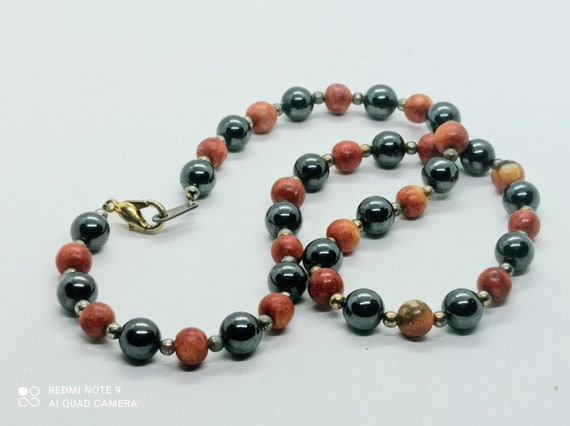 Collier Vintage En Perles D'Hématite Et Perles Semi-précieuses - Longueur 41-45 Cm - Sans Marque