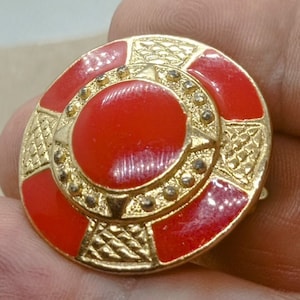Vintage 80s clip earrings, round clips in golden red enamel, bright red and gold color clips, vintage 80s round clips for women