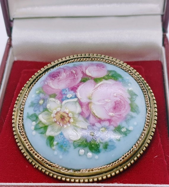 Limoges Vintage porcelain floral brooch, vintage … - image 5