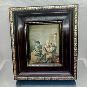 Frame of vintage screen printing painting on silk reproduction David Teniers The Pipe Smokers, wall decoration