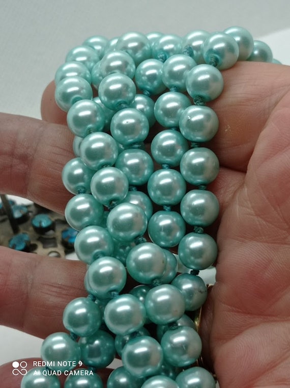 Collier Sautoir Fantaisie Ancien En Nacre Et Pierres Turquoise - Occasion - Style Vintage